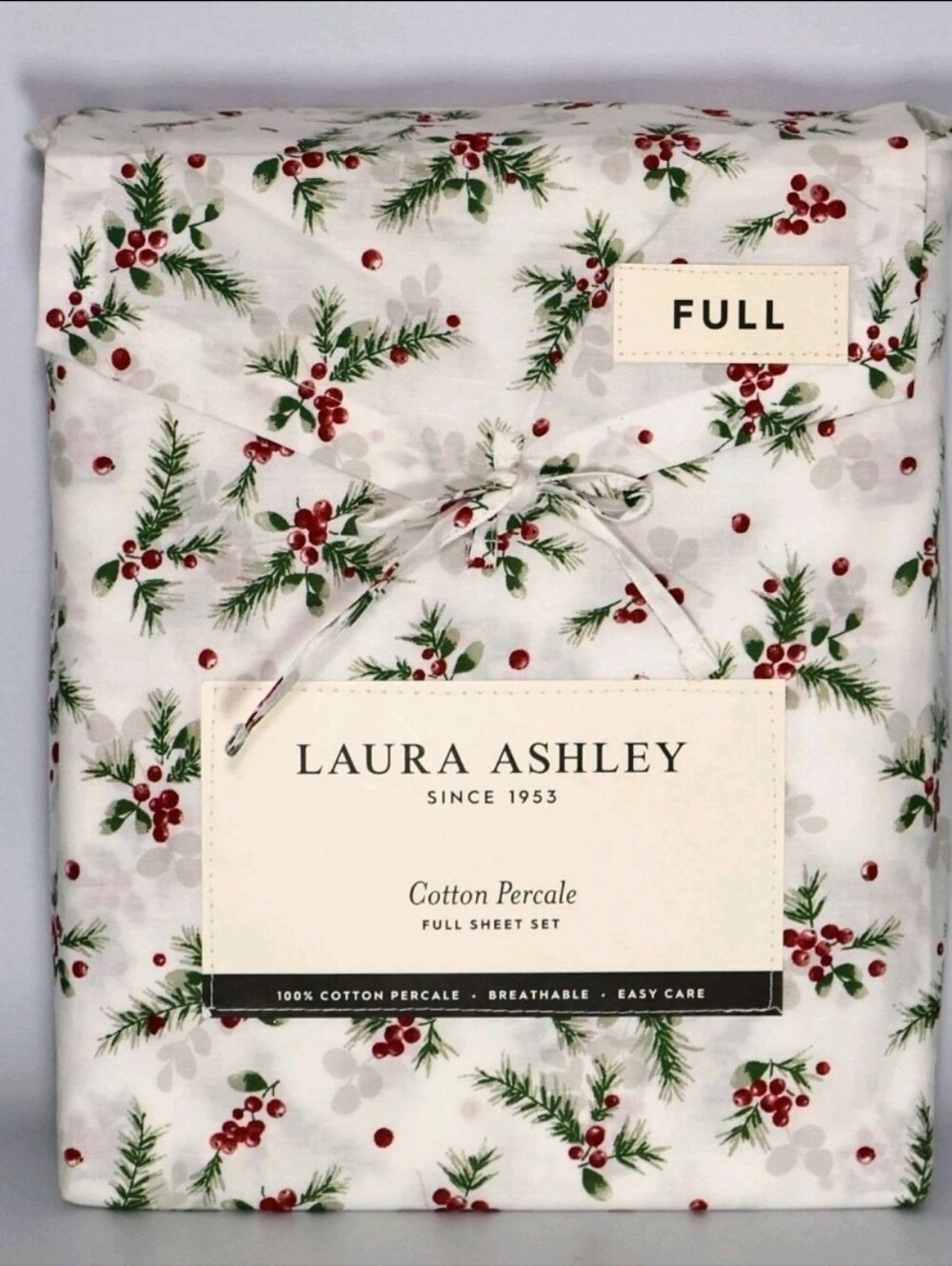 Laura Ashley Full Size Cotton Percale Sheet Set, Berry Bright Holiday Pattern